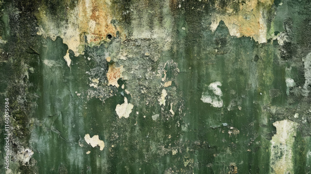 Poster weathered dark green cement wall with peeling paint and textured surface ideal for backgrounds and d