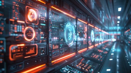 Fototapeta premium Futuristic Control Room corridor lined with glowing screens displaying complex data visualizations