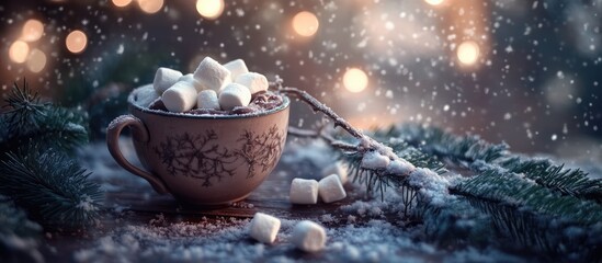 Fototapeta premium Cozy cup of hot chocolate with marshmallows on a wooden table surrounded by pine and snowflakes creating a warm festive atmosphere