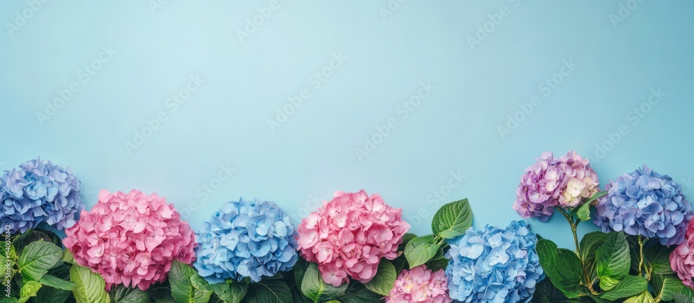 Poster vibrant hydrangea flowers in pink and blue on a light blue background with space for custom text or 