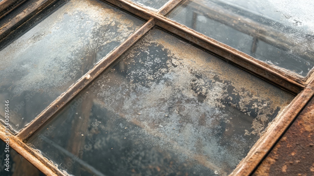 Poster dirty glass canopy above a frame window showcasing a weathered transparent awning roof with corrosio