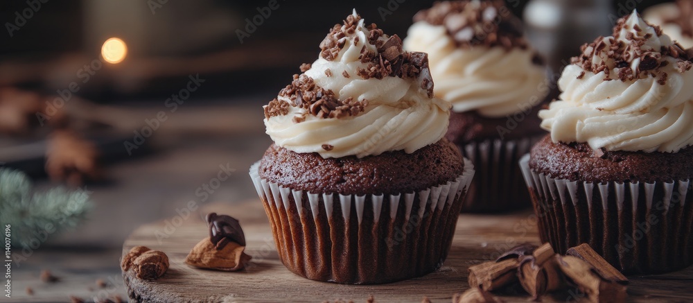 Poster Decadent chocolate cupcakes topped with creamy frosting and nuts on a rustic wooden table with warm, inviting atmosphere