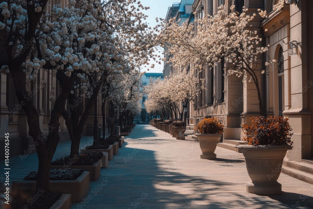 Poster A serene alley lined with flowering trees and planters, creating a tranquil atmosphere.