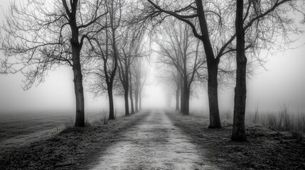 Foggy dirt path framed by bare trees creating a mysterious atmosphere in a monochrome landscape during an overcast day