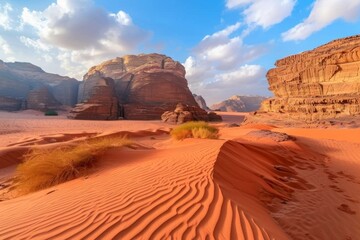 Naklejka premium beautiful landscape photo, red hills in the middle of a vast desert and beautiful blue clouds
