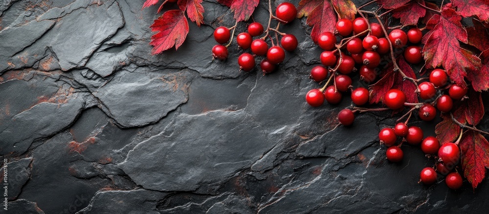 Poster vibrant red berries with autumn leaves on slate background ideal for creative designs and marketing 