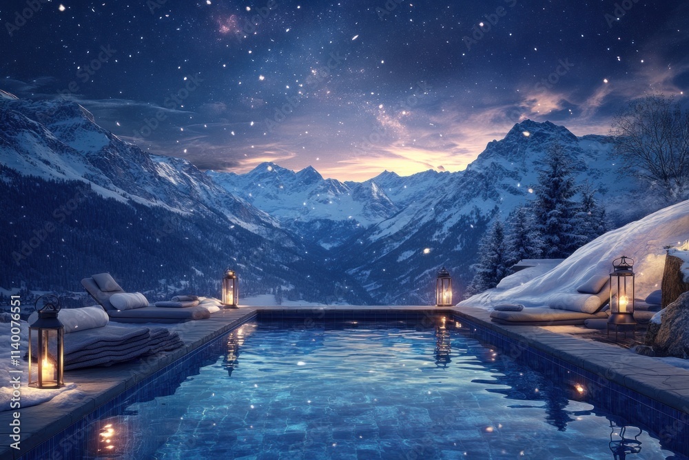 Poster a serene mountain pool scene under a starry sky with snow and lanterns.
