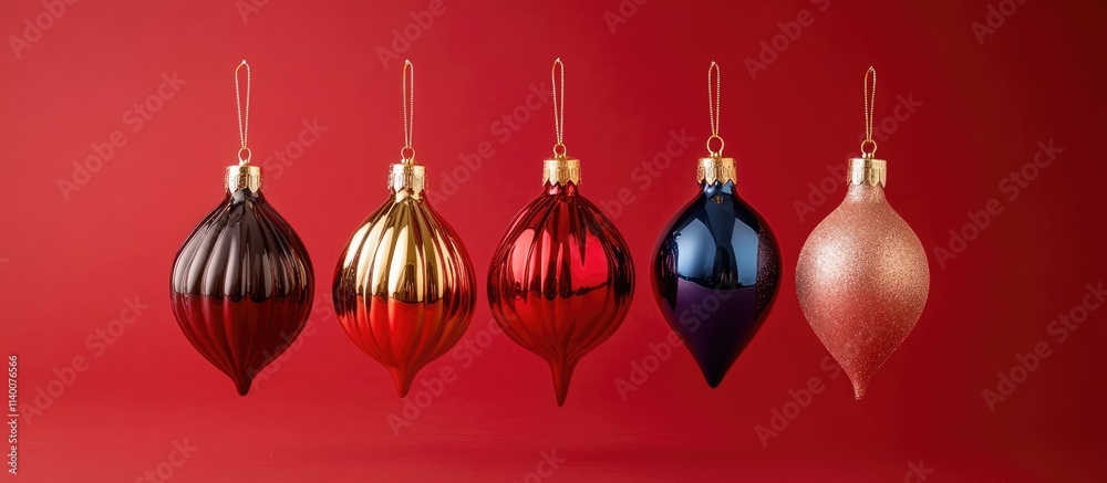 Poster christmas ornaments in various colors displayed against a vibrant red background showcasing holiday 