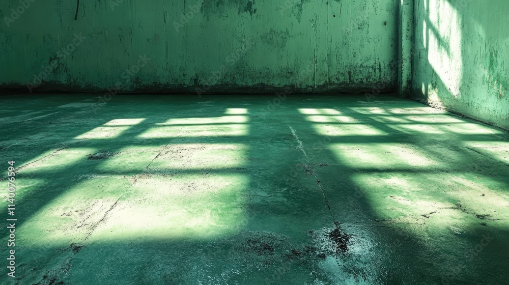 Aufkleber Faded green cement floor texture with shadows creating an industrial and weathered atmosphere for design and background use.