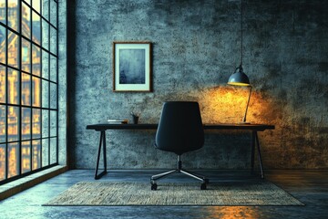 Serene workspace with industrial design elements, featuring a minimalist desk, chair, and large window overlooking a cityscape.