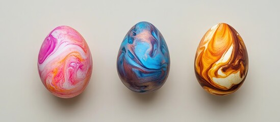 Colorful Easter eggs with marbled designs on a neutral background showcasing vibrant hues and festive patterns for holiday decorating.