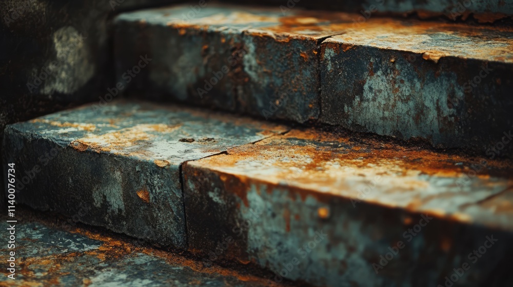 Poster close up of weathered stair tiles showcasing rust and dirt focusing on design solutions for restorat