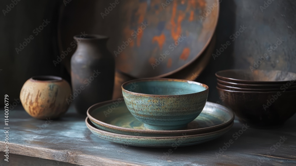 Aufkleber rustic tableware still life featuring handcrafted pottery bowls and vases with earthy tones and text