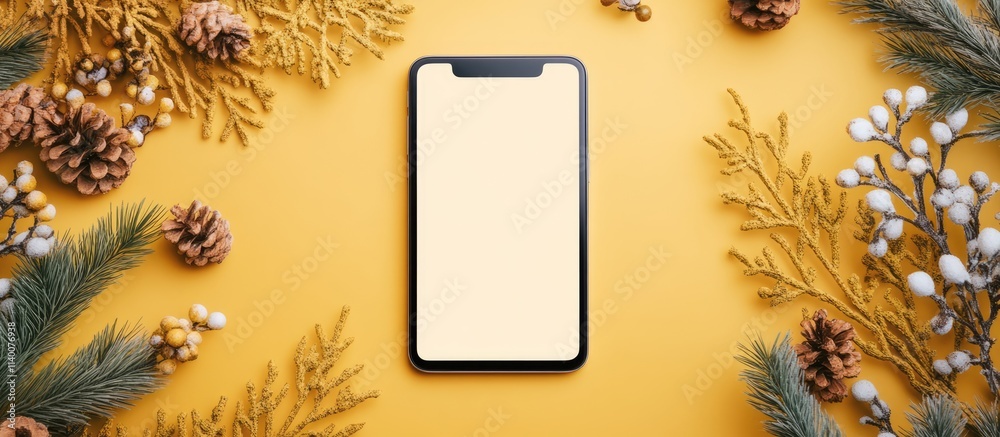 Poster Digital phone mockup on yellow background surrounded by rustic decorations for app showcasing and online shopping ideas with blank space