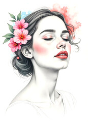 Elegant illustration of a portrait of a girl with flowers in her hair. Plumbago