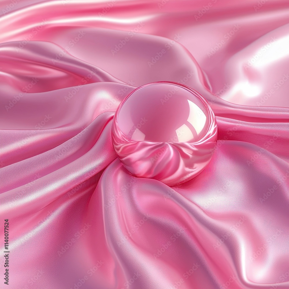 Poster Soft Pink Satin Fabric with Sphere Reflection on Smooth Texture and Elegant Flow
