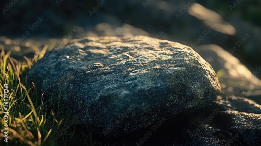 Poster Natural stone resting on grass illuminated by sunlight showcasing texture and color variations in an outdoor setting.