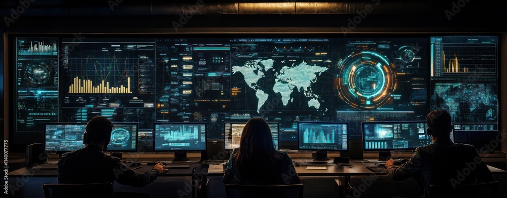 Aufkleber A high-tech control room displaying global data and analytics on large screens.