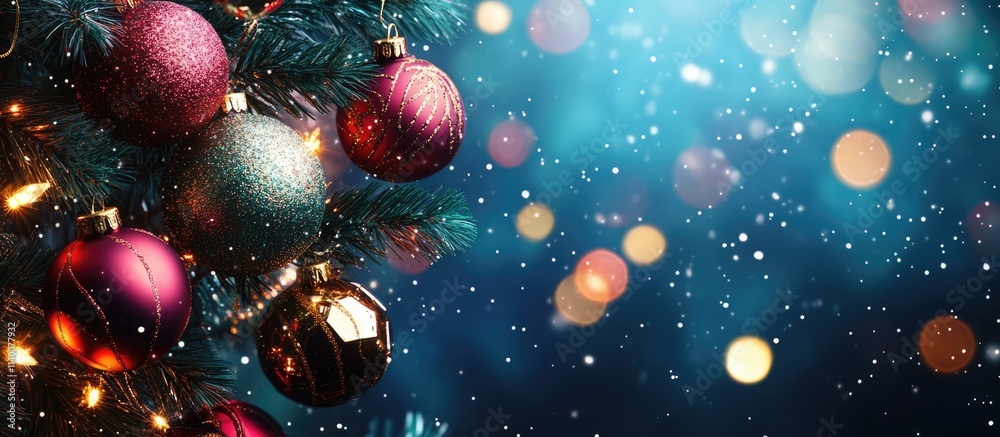 Poster Festive New Year background featuring colorful ornaments sparkling on a Christmas tree with a dreamy bokeh effect and soft snowfall.