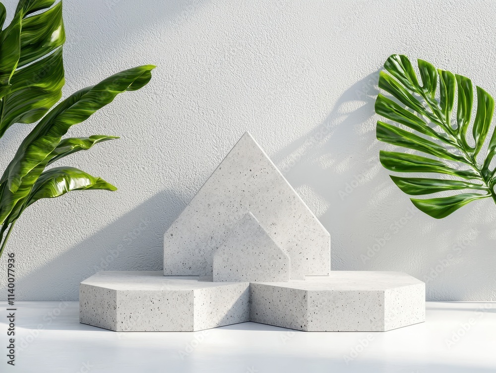 Poster stylish geometric display of concrete shapes surrounded by green leaves on white background