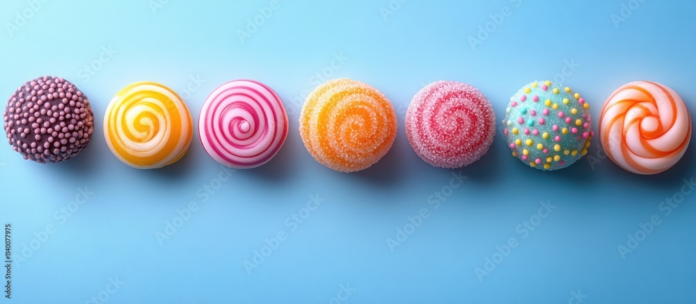 Poster colorful sugar candies arranged in a row on a vibrant blue background showcasing delightful sweets a