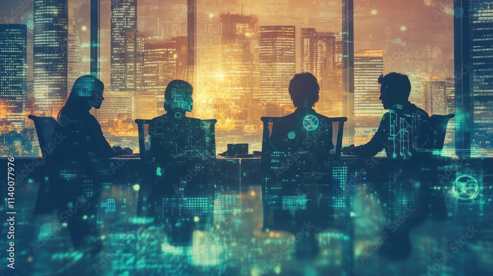 Poster silhouetted figures in a meeting with a futuristic city backdrop and digital overlays.