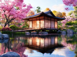 Fototapeta premium Serene Japanese Garden with Cherry Blossom Trees by Tranquil Water Reflection