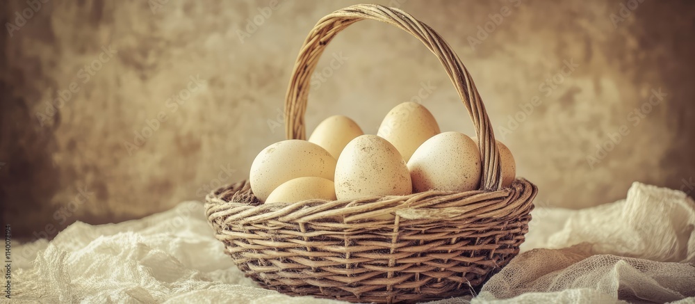 Poster Decorative vintage Easter eggs in a rustic basket with soft focus and retro toning creating a nostalgic festive atmosphere