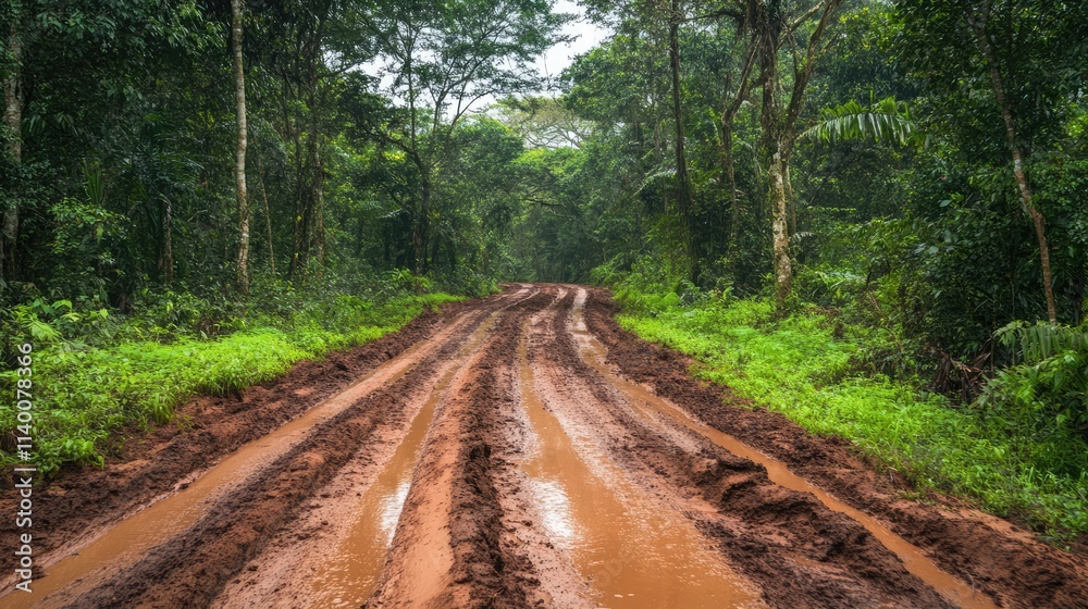 Poster dirt road surrounded by lush greenery and mud in a serene forest setting showcasing dark earthy tone