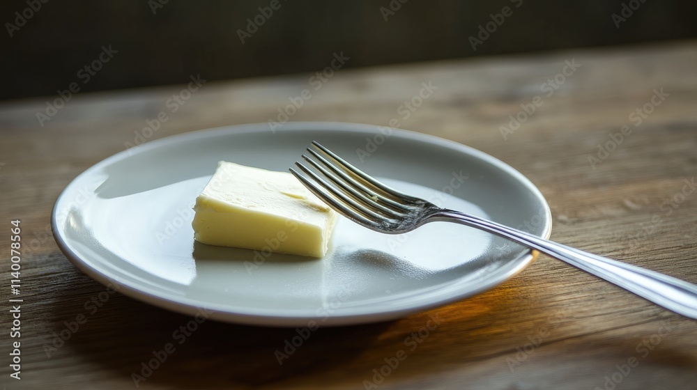 Aufkleber Elegant plate with a butter slice and fork set on a rustic wooden table showcasing simple culinary presentation and dining aesthetics