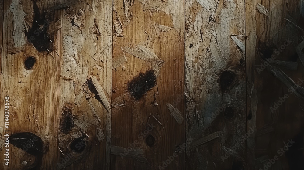 Poster Weathered plywood texture with dark shadows for rustic background design and artistic applications