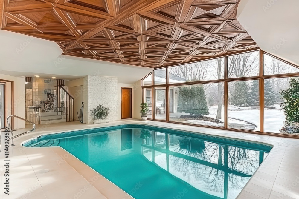 Poster indoor swimming pool with a wooden ceiling and large windows overlooking a snowy landscape.