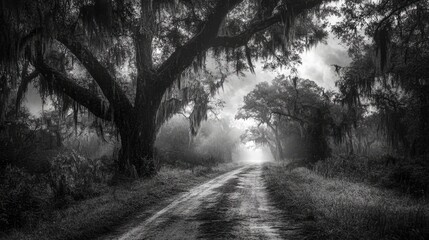 Serene Black and White Landscape of a Winding Dirt Road Surrounded by Lush Trees and Misty Atmosphere