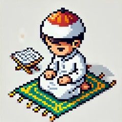 Muslim Boy Praying in Pixel Art Style