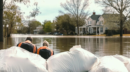 Flood Protection Sandbags with flooded homes in the background (Montage)