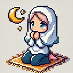 Obraz premium Muslim Girl Praying on White Background in Pixel Style