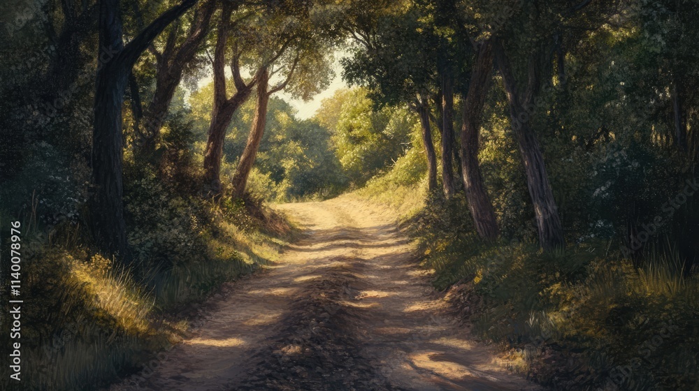 Poster serene dirt road winding through lush greenery surrounded by trees in soft sunlight inviting explora