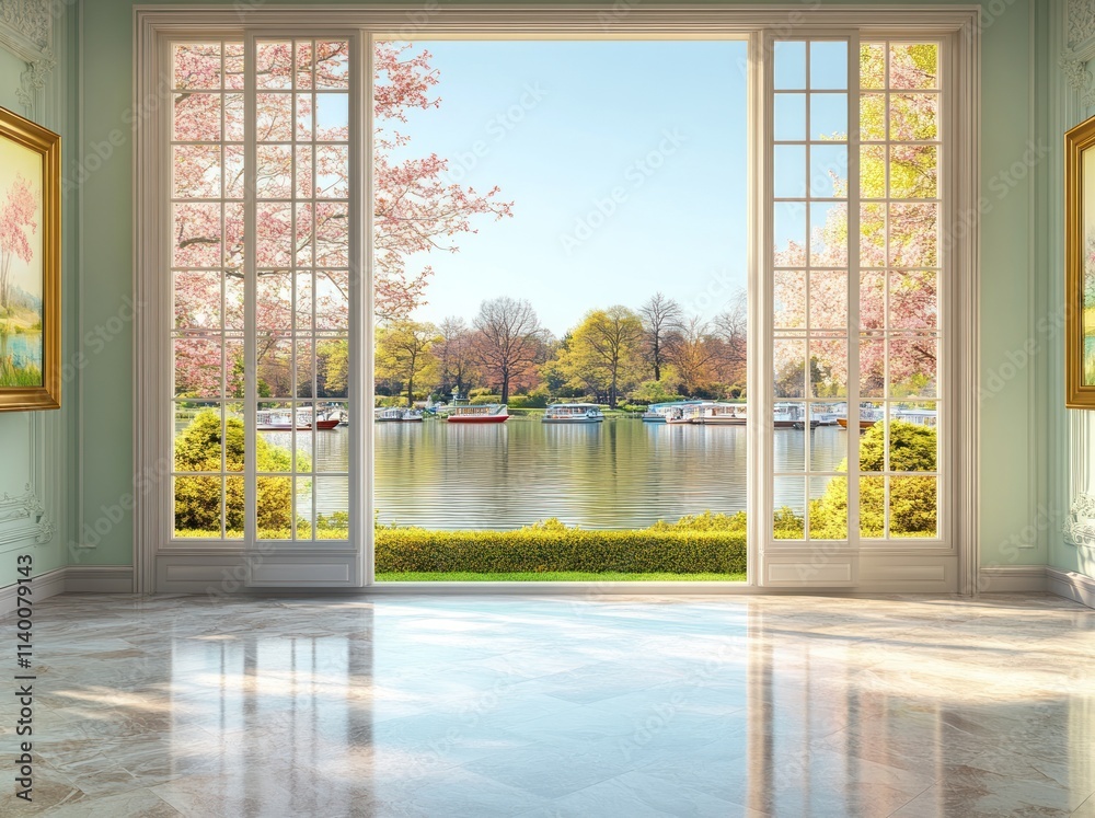 Poster a serene view of a lake framed by elegant windows and blooming trees.