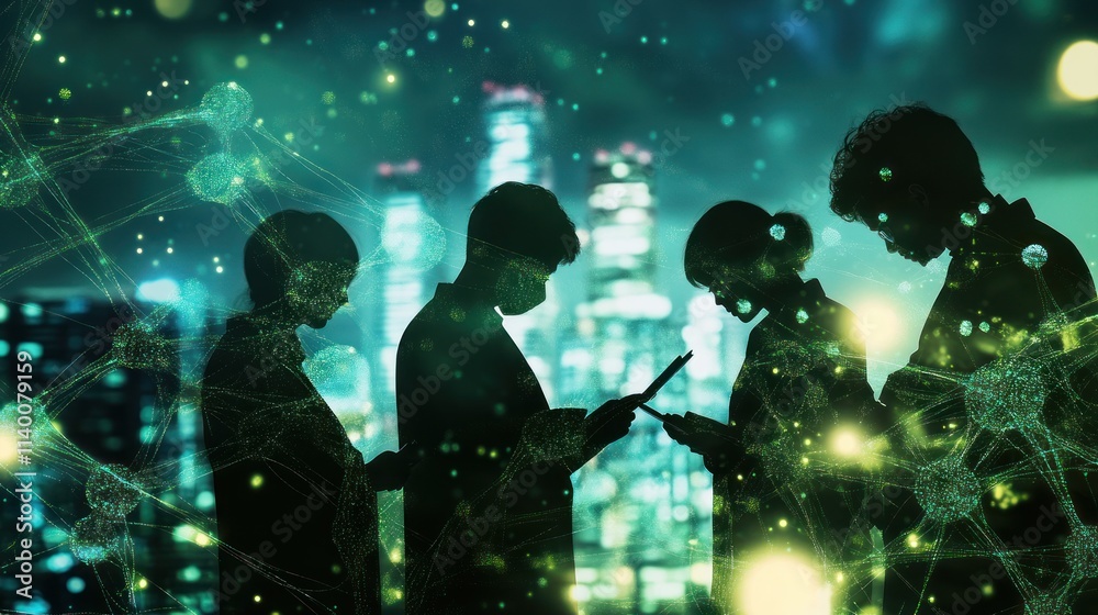 Poster silhouetted figures interacting with technology against a city backdrop, symbolizing connection.