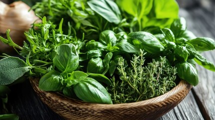 Freshly picked herbs in a wooden bowl showcasing vibrant flavors for culinary use and gourmet cooking aesthetics.