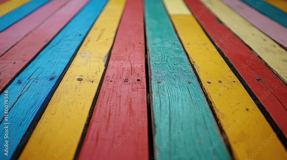 Poster Vibrant weathered wooden planks with chipped paint in various colors creating a rustic textured background for creative designs