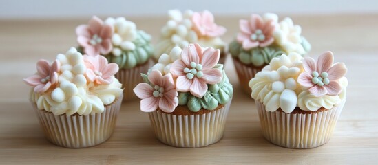 Deliciously decorated cupcakes featuring buttercream and marshmallow flowers on a rustic wooden background ideal for dessert promotions