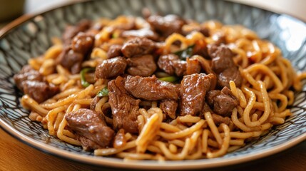 Pasta dish featuring tender beef stir-fry served on a decorative plate for a savory culinary experience