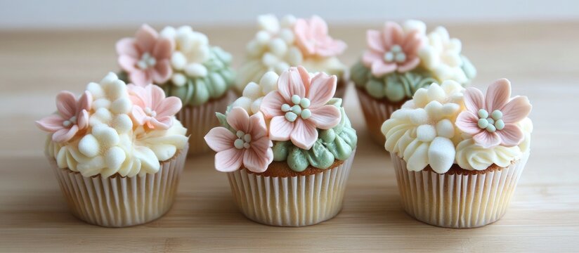 Deliciously decorated cupcakes featuring buttercream and marshmallow flowers on a rustic wooden background ideal for dessert promotions