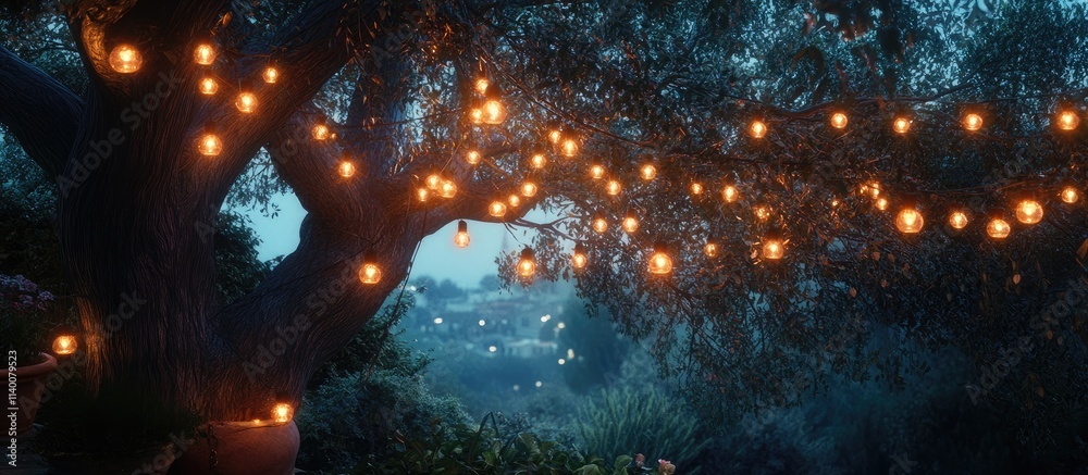 Poster elegant outdoor string lights illuminating a garden tree at night creating a warm and magical nightt