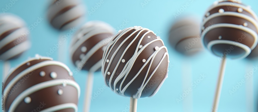 Poster theme-based chocolate cake pops elegantly arranged on a light blue background showcasing intricate w