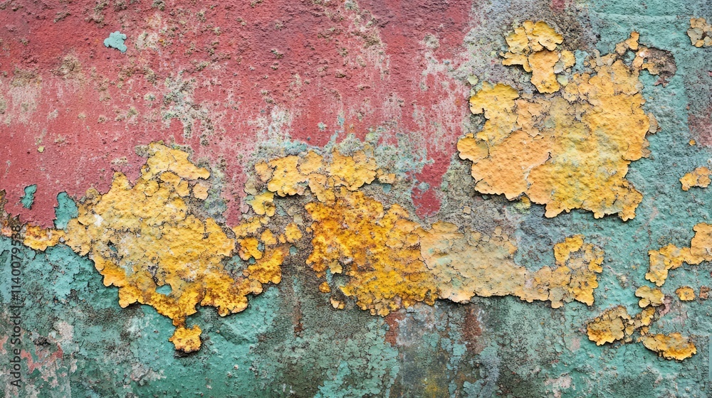 Poster texture of weathered wall with peeling paint showcasing colors and mold formation in a distressed ar