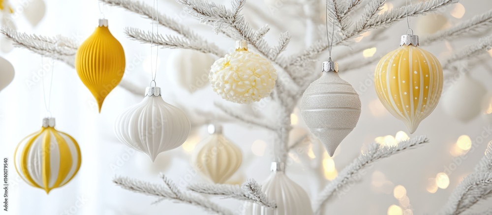 Aufkleber Elegant white and yellow ornaments adorn a decorative Christmas tree with a soft bokeh backdrop creating a festive holiday atmosphere.