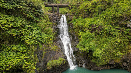 Top view to one of the many waterfalls of the Hawaiian Maui nature area close to the road to Hana