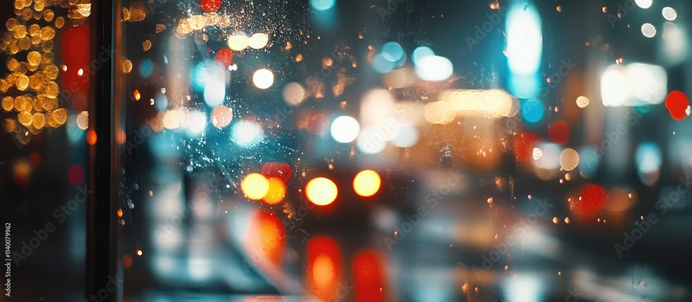 Poster Abstract festive background with blurred Christmas lights reflecting on a wet window capturing the holiday spirit in a vibrant urban setting